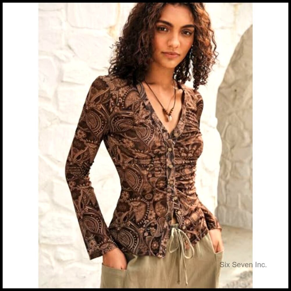 Boho Paisley Print Button Down Shirt Y2K Retro Long Sleeve Fitted Top - Picture 2 of 5